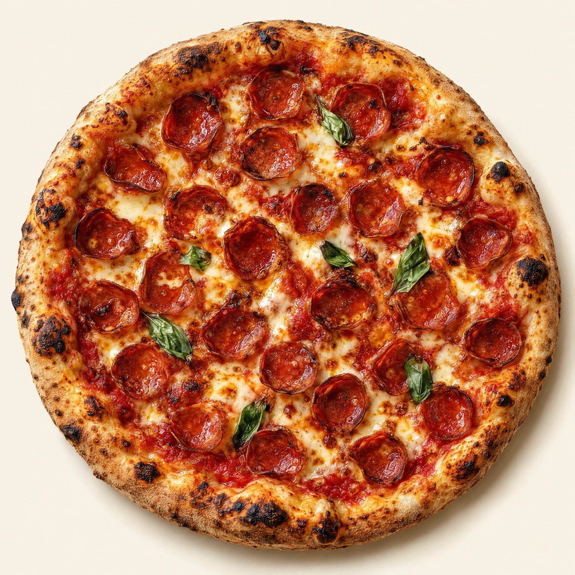 Golden-crusted pepperoni pizza with melted cheese and fresh basil